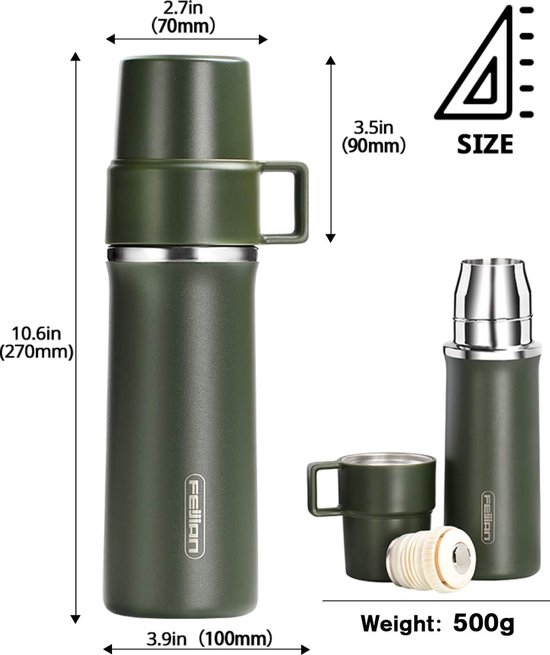 Gourde Isotherme 500ml, Bouteille Isotherme Inox avec Tasse et Couvercle,  sans BPA, Mug Isotherme Etanche de Voyage pour Café et Thé, Gourde Inox  pour Enfant, Travail, Ecole, Randonnée (Bleu) : : Cuisine