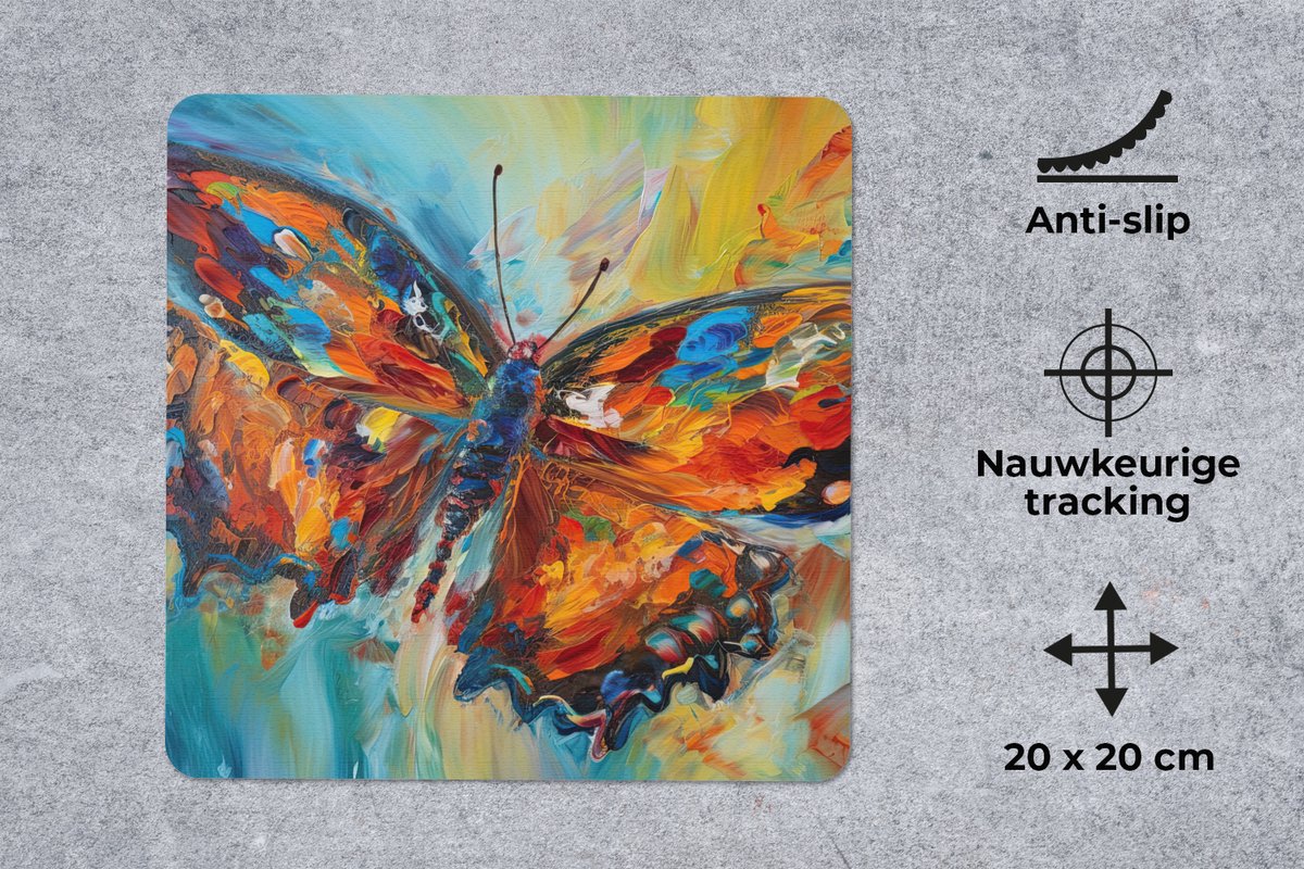 Muismat 20x20 cm - Mousepad Vlinder - Kleuren - Kunst - Schilderij - Muismatten