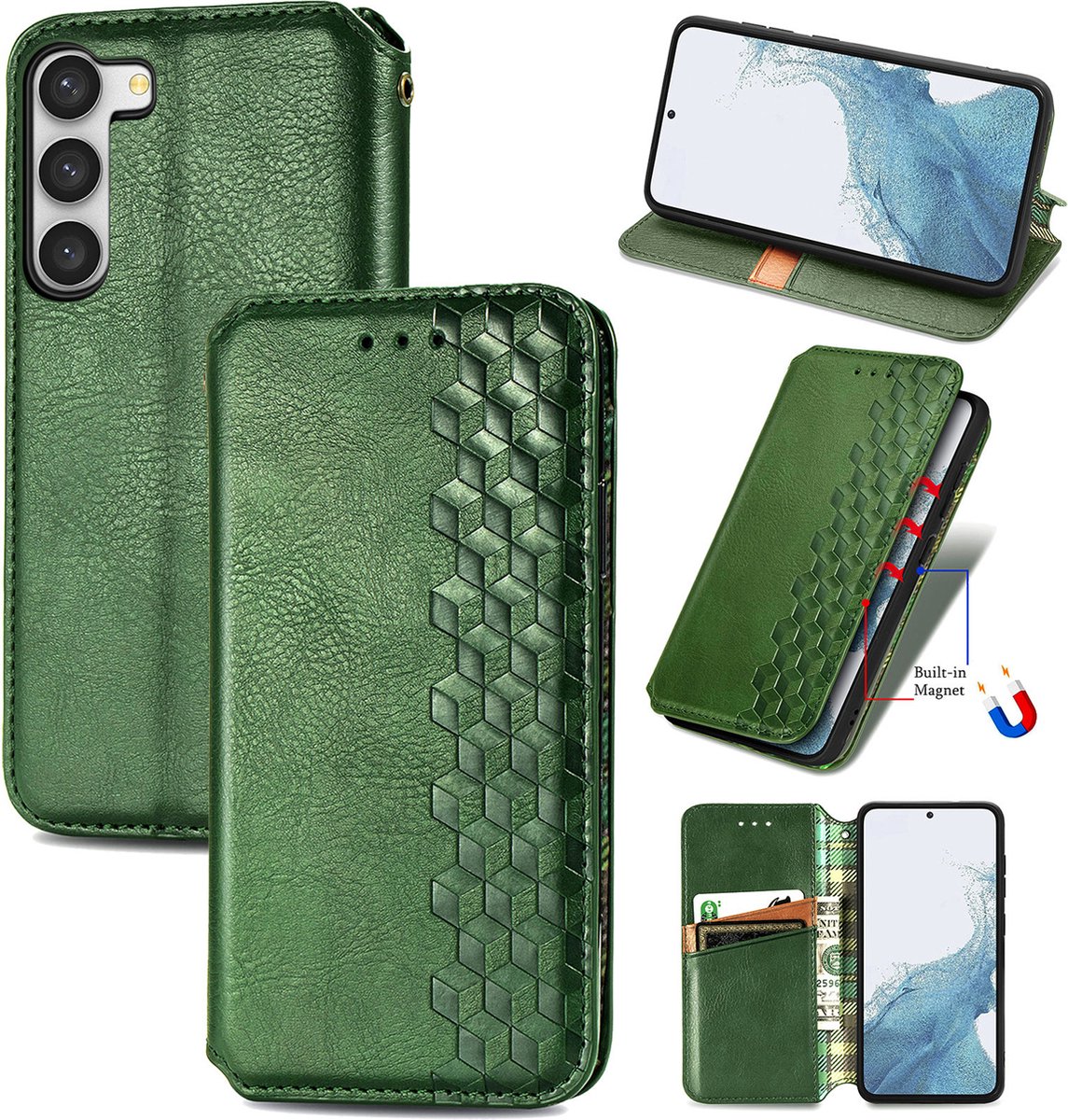 Luxe PU Lederen Ruitpatroon Wallet Case + PMMA Screenprotector voor Galaxy S23 _ Groen