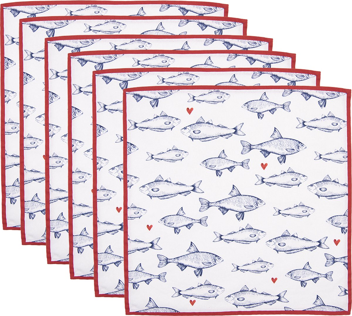 HAES deco Set van 6 Servetten (Textiel) formaat 40x40 cm kleuren Wit Blauw Rood van 100% Katoen Collectie: Sun Sea & Fish