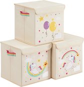 Kinder Opbergbox - Met deksel - Opbergmanden - Opbergdozen Set van 3 - Opvouwbaar - Creme