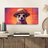 MuchoWow® Glasschilderij 40x20 cm - Schilderij acrylglas - Meerkat - Bloemen - Hoed - Dieren - Portret - Stokstaartje - Foto op glas - Schilderijen