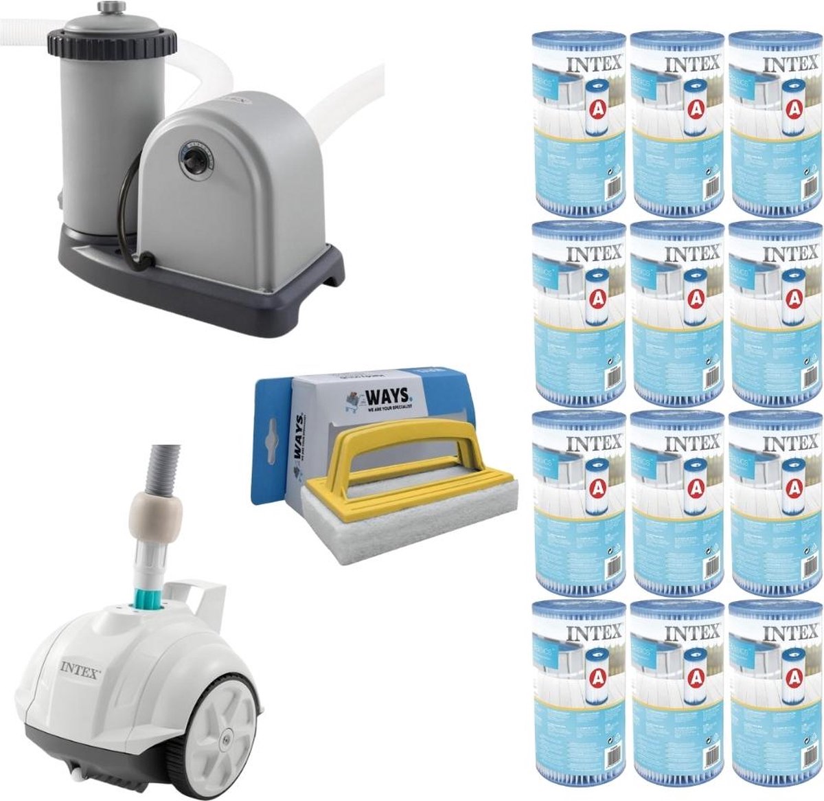 WAYS - Zwembad Onderhoud - 6x Zwembad verwarming & Filterpomp 5678 L/u & 12 Filters Type A & WAYS Scrubborstel