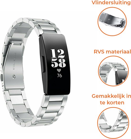 Zilverkleurig metalen bandje voor Fitbit Inspire met vlindersluiting en uitleg over inkorten.