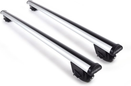 Deux porte-bagages de toit en aluminium avec embouts noirs portant le logo Farad, sur fond blanc.