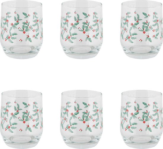 HAES DECO - Set van 6 Waterglazen - formaat Ø 8x9 cm / 300 ml - Kleur Wit / Rood / Bruin / Groen - Bedrukt Glas - Collectie: Holly Christmas - Kerst Waterglas, Drinkglas