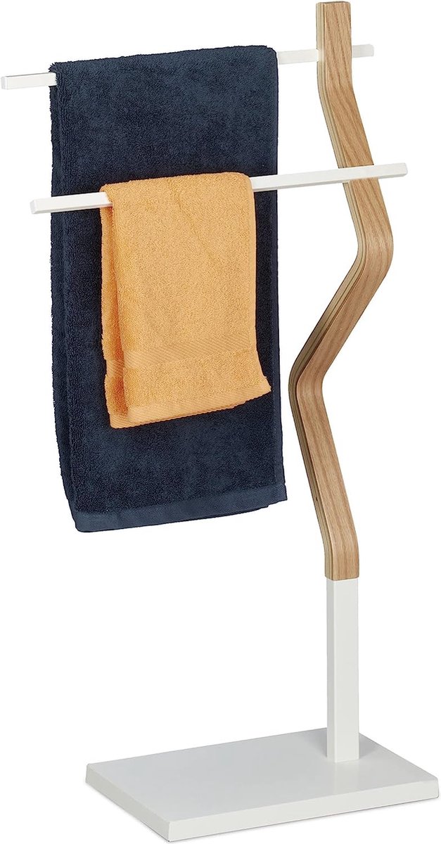 Handdoekhouder staand, handdoekstandaard met 2 stangen, voor hand- en theedoeken, hout en metaal, wit/natuur, 1 stuk
