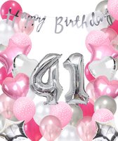 Snoes Ballonnen 41 Jaar Pink Blush Silver Mega Ballon - Compleet Feestpakket 41 Jaar - Verjaardag Versiering Slinger Happy Birthday – Folieballon – Latex Ballonnen - Helium Ballonnen - Zilver en Roze Verjaardag Decoratie