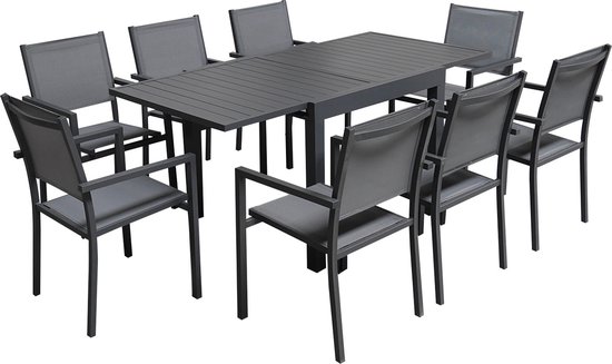 Salon De Jardin CAPRI 8 Places En Textilène Gris Et Aluminium Anthracite - Table Extensible, Moderne Et Résistant Aux Intempéries - 6