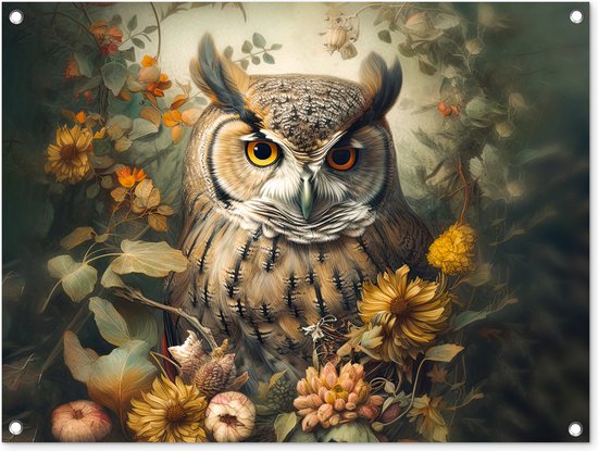 Tuinschilderij Uil - Vogels - Bloemen - Natuur - 80x60 cm - Tuinposter - Tuindoek - Buitenposter