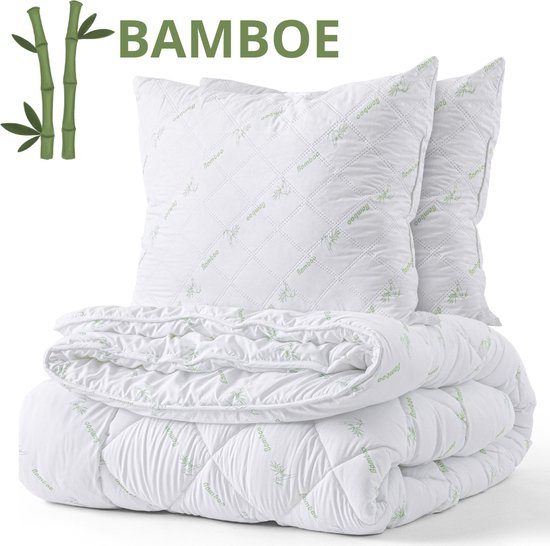 Bamboe Dekbed + 2 Bamboe Hoofdkussen - Lits-Jumeaux 240x220 cm - Extra Lang - Warmteklasse 2 - Anti-allergisch - Soepel en zacht