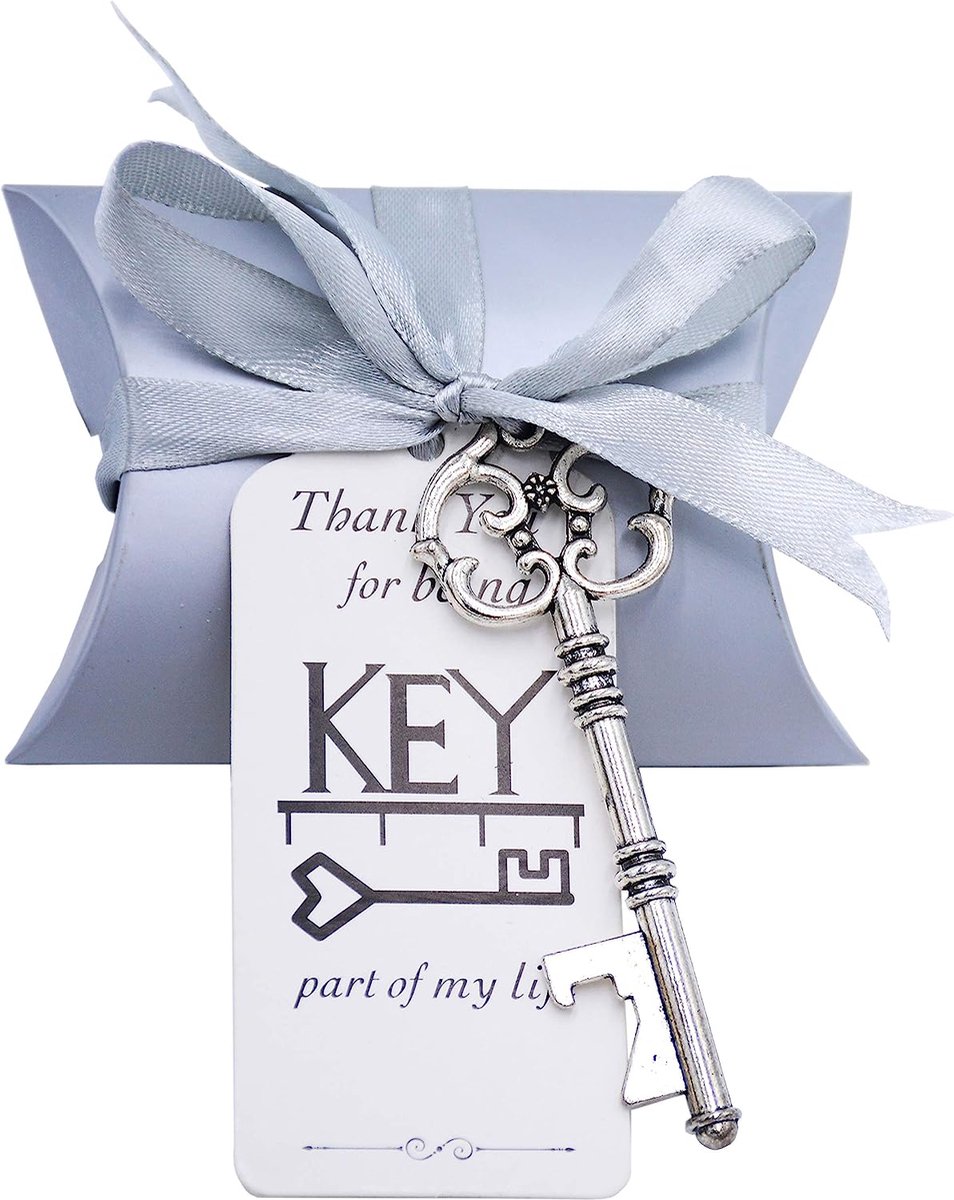 50 stks Vintage Bruiloft Cadeau Souvenir Set met Skelet Sleutel Flesopeners, Bonbondoos, Bedankt Label, Frans Lint (Antiek Zilver)