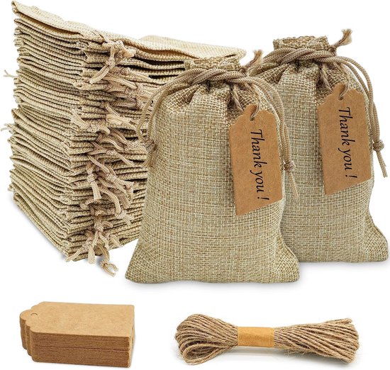 30 Stuks Jute Zakjes 10 x 15 cm met Kleine Cadeaulabels Karton en Touws, Stoffen Zakjes Traktatie