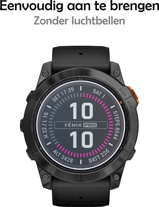 Zwarte Garmin Fenix 7X Pro, makkelijk aan te brengen zonder luchtbellen.