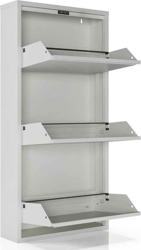 Witte schoenenkast met drie open klepdeuren, interieur zichtbaar.