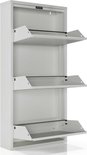 Witte schoenenkast met drie open klepdeuren, interieur zichtbaar.