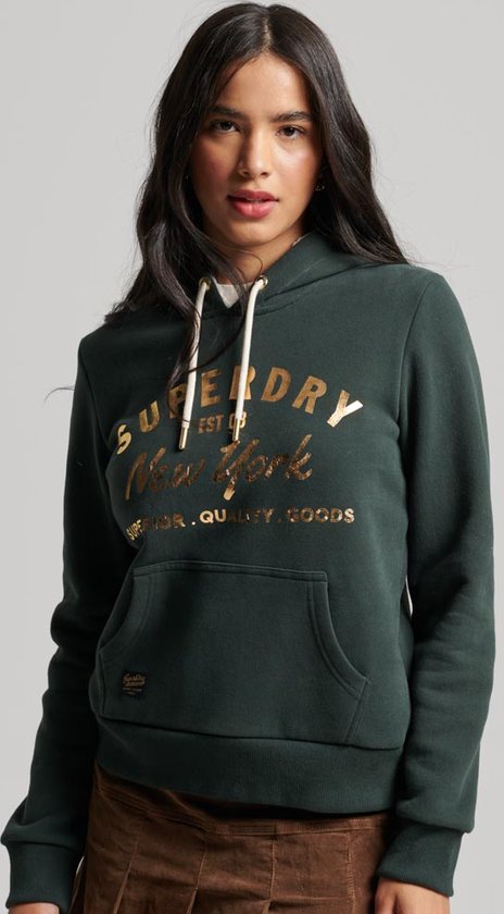 Superdry Luxe Metallic Logo Hoodie Dames Trui - Academy Dark Green - Maat Xs