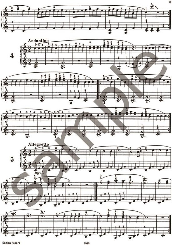 Muziekblad met pianomuziek, genummerd 4 en 5. Bevat de tempo-aanduidingen 'Andantino' en 'Allegretto'.