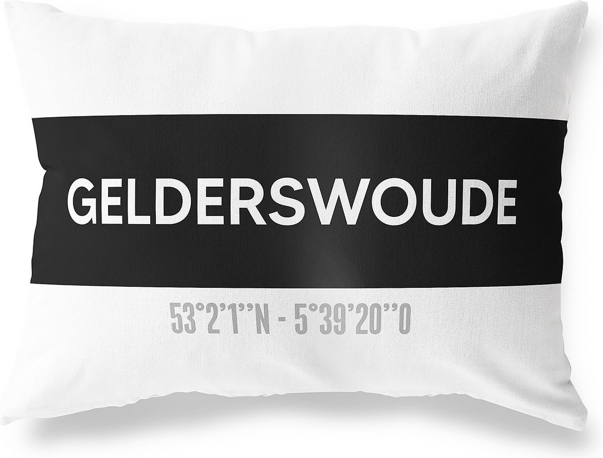 Tuinkussen GELDERSWOUDE - ZUID-HOLLAND met coördinaten - Buitenkussen - Bootkussen - Weerbestendig - Jouw Plaats - Studio216 - Modern - Zwart-Wit - 50x30cm