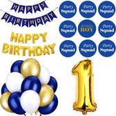 27-delige Happy Birthday decoratie set 1 met slingers, ballonnen en buttons blauw met goud - cakesmash - eerste - verjaardag - ballonnen - slinger - 1