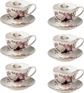 HAES DECO - Tasse et Soucoupe set de 6 - contenance 200 ml - coloris Wit / Rose - Porcelaine Imprimée Fleurs - Service à thé, Service à café, Tasses à thé, Tasses à café, Cappuccino