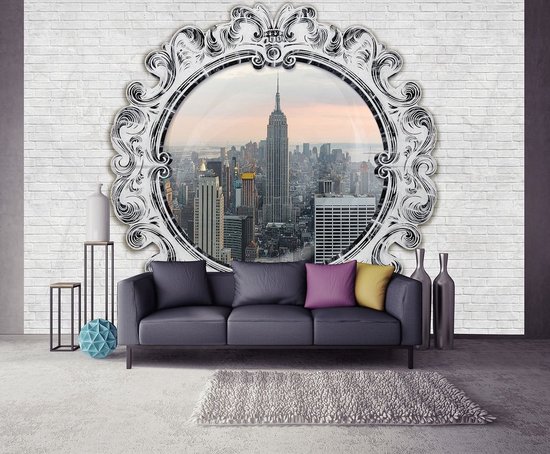 Fotobehang - Vlies Behang - Uitzicht op New York door Rond Raam 3D ...