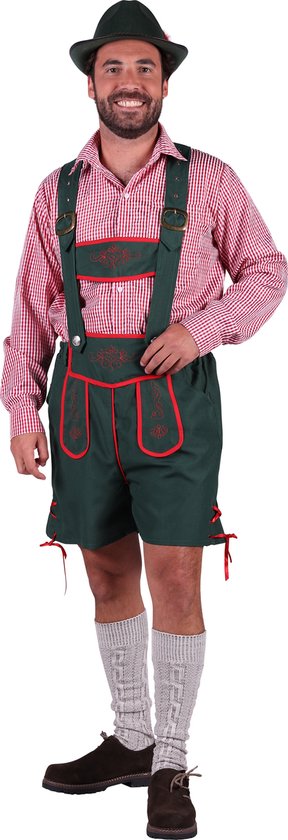 Oktoberfest Lederhosen & Overhemd Klaus Heren Groen - Oktoberfest Lederhosen Man - Oktoberfest Overhemd Heren - Rood-Wit - Maat L