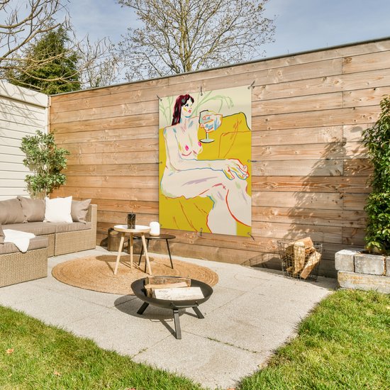 Affiche de jardin - Toile de jardin - Posters de jardin extérieur - Femme - Art - Verre à vin - Jaune - 90x120 cm - Jardin
