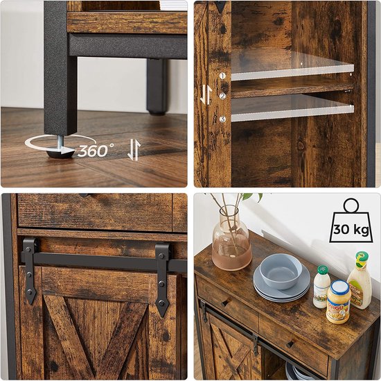 LSC099B01 VASAGLE Buffet keukenkast met glazen deuren voor woonkamer, keuken of eetkamer, stalen frame, industriële stijl, zwart bruin vintage