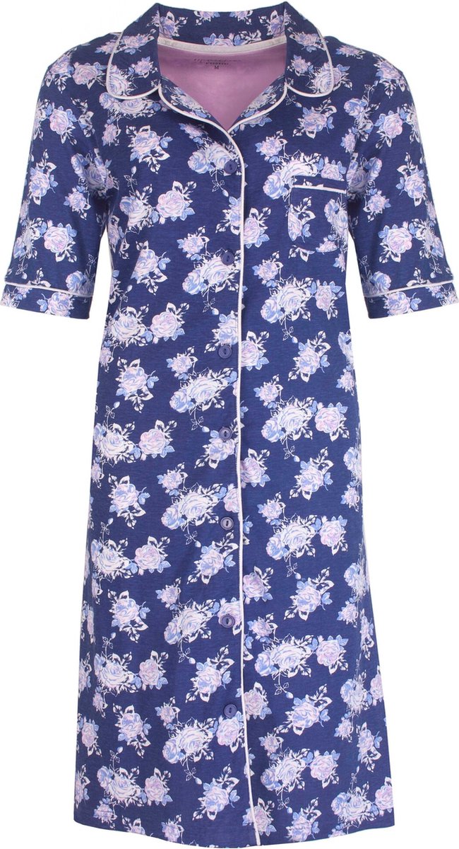 Medaillon Dames Nachthemd - Doorknoop - Bloemen dessin - Blauw