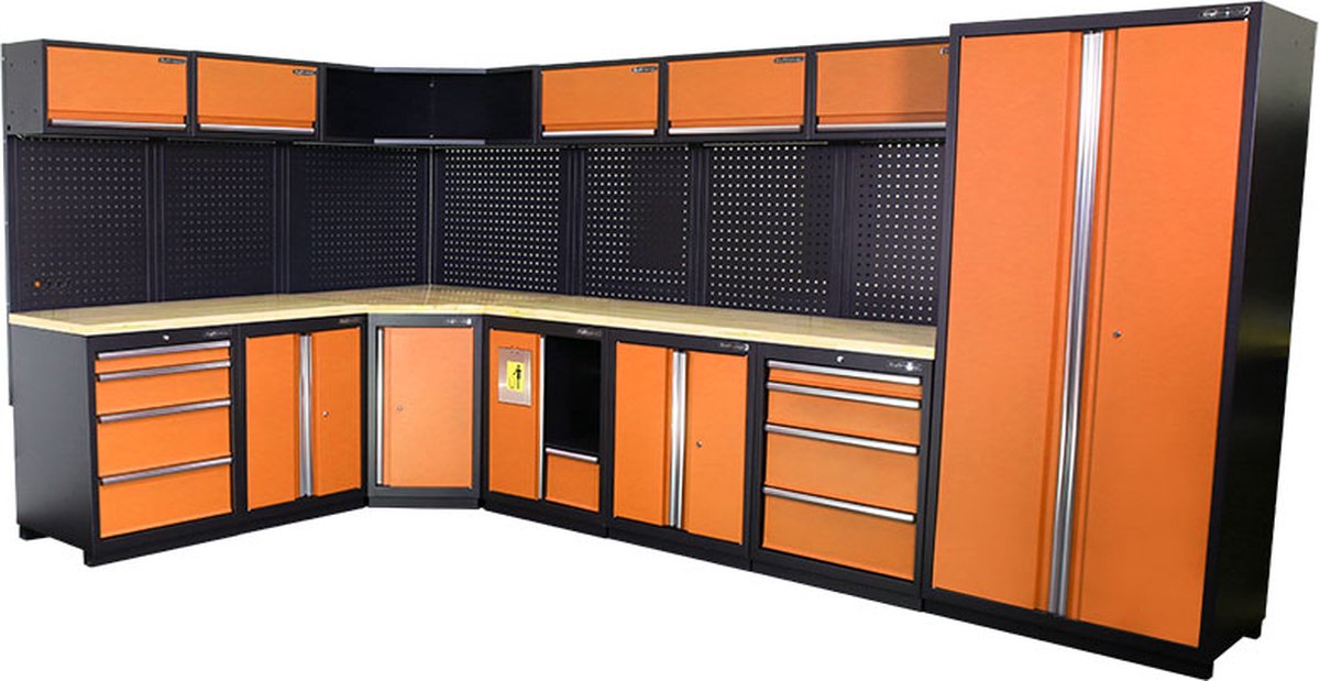 Kraftmeister werkplaatsinrichting - Werkbank met 6 wandkasten, 1 werkplaatskast, 3 opbergkasten, 1 prullenbak en eiken werkblad - Werktafel met 8 laden en gereedschapswand - Complete set voor werkplaats of garage - Oranje