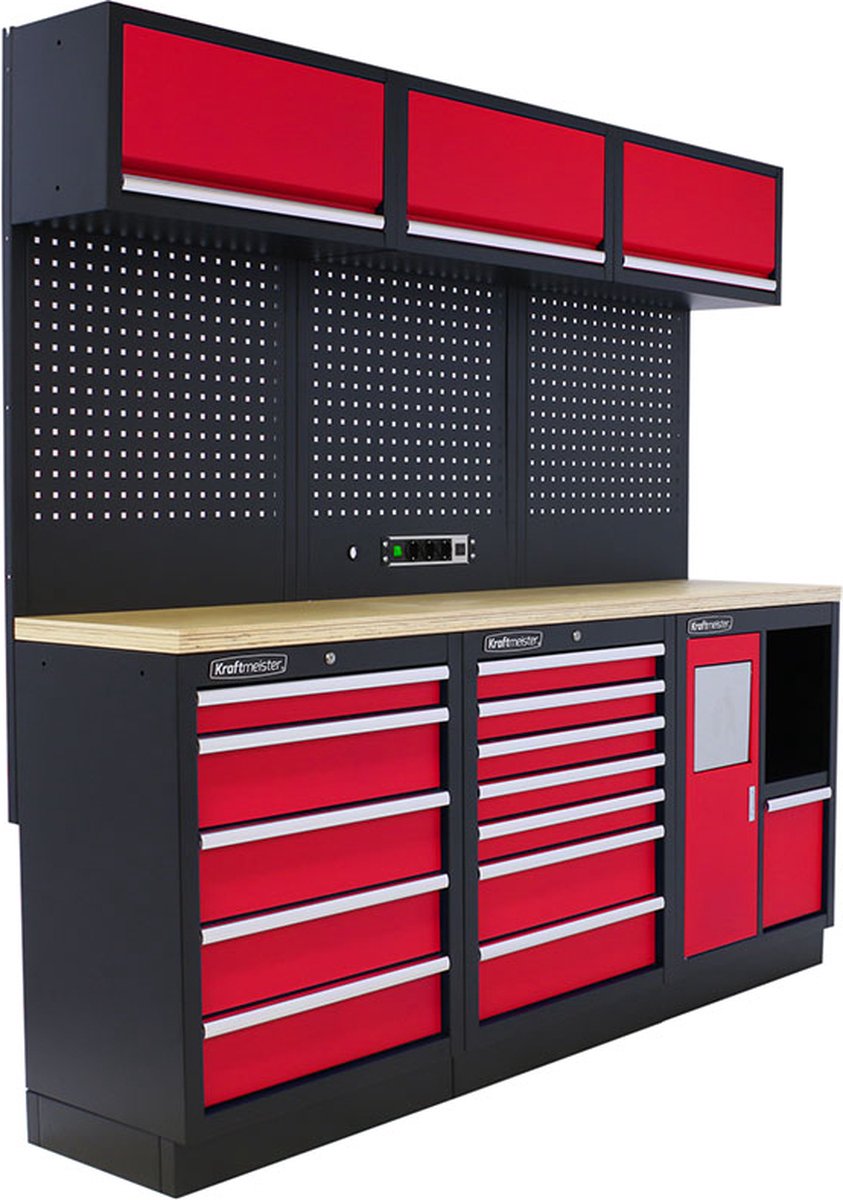 Kraftmeister werkplaatsinrichting - Werkbank met 3 wandkasten en multiplex werkblad - Werktafel met 12 laden en gereedschapswand - Complete set voor werkplaats of garage - Rood