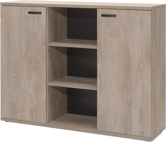 Dressoir in eikenkleur met twee openslaande deuren en drie open vakken.