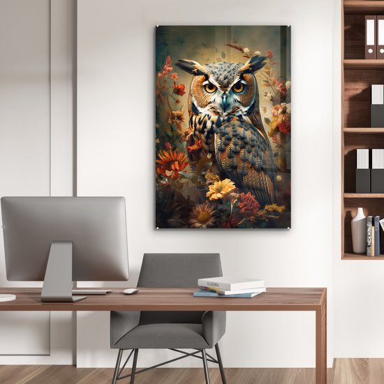 MuchoWow® Peinture sur verre 80x120 cm - Peinture sur verre acrylique - Hibou - Vogel - Fleurs - Plantes - Botanique - Photo sur verre - Peintures