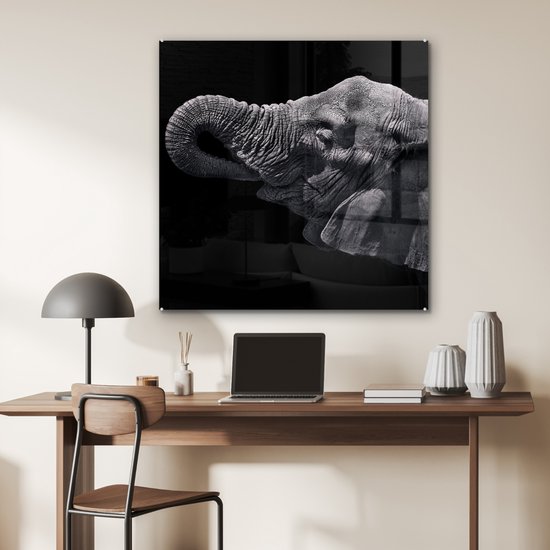 MuchoWow® Peinture sur verre 90x90 cm - Peinture sur verre - Éléphant - Animaux - Zwart - Nature - Photo sur verre acrylique - Peintures