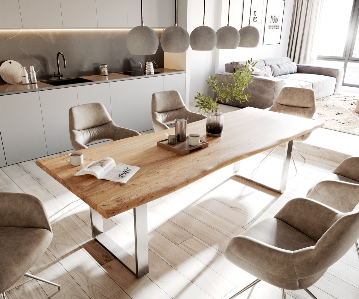 DELIFE Eettafel Edge acacia natuur 260x100 edelstaal smal Live-Edge Bruin