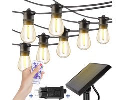 SHINE - LED Lichtsnoer buiten - Lichtslinger op Zonne-energie - Tuinverlichting - Waterdichte Solar Led Prikkabel - Feestverlichting - Lampjes slinger - Vintage Basic Sfeerverlichting - 15 Led E27 Lampen met Afstandsbediening - 15 Meter