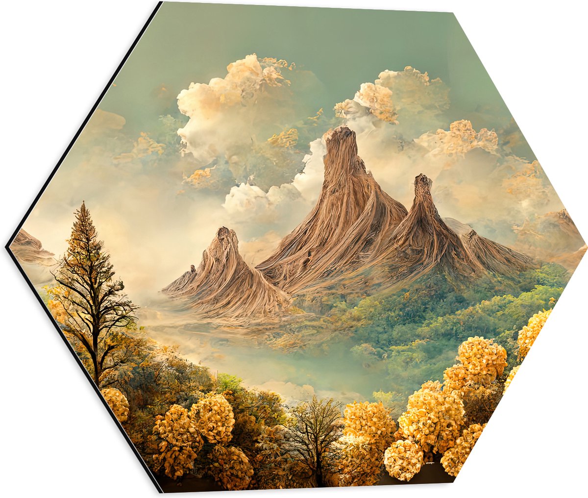 Dibond Hexagon - Waterverf Tekening van Landschap - 50x43.5 cm Foto op Hexagon (Met Ophangsysteem)