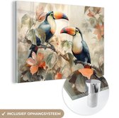 MuchoWow® Glasschilderij 30x20 cm - Schilderij acrylglas - Toekan - Vogels - Bloemen - Tak - Foto op glas - Schilderijen