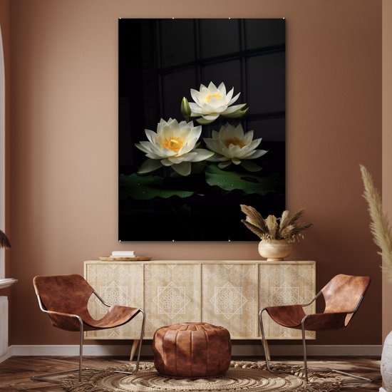 MuchoWow® Peinture sur verre 120x160 cm - Peinture sur verre acrylique - Lotus - Fleurs - Wit - Nature - Zwart - Photo sur verre - Peintures