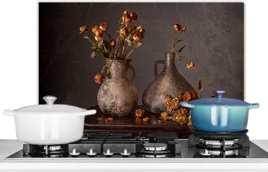 Spatscherm keuken 60x40 cm - Kookplaat achterwand Stilleven - Bloemen - Vaas - Donker - Muurbeschermer - Spatwand fornuis - Hoogwaardig aluminium