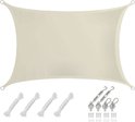 Beige rechthoekig schaduwdoek met 4 oogjes, 4 touwen, 3 span_schroeven, 4 karabijnhaken en 12 schroeven.