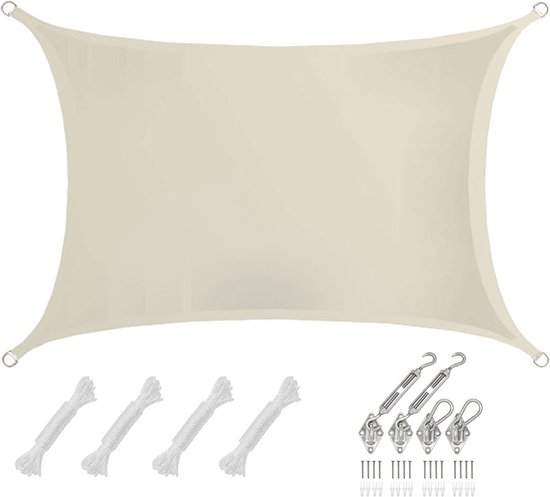 Beige rechthoekig schaduwdoek met 4 oogjes, 4 touwen, 3 span_schroeven, 4 karabijnhaken en 12 schroeven.