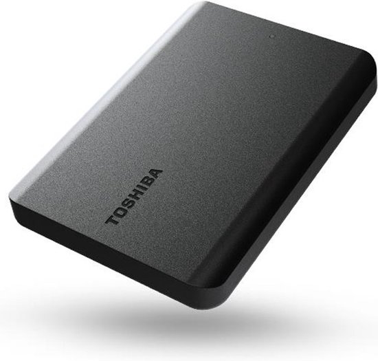 Donkergrijze Toshiba Canvio Basics draagbare harde schijf, schuin van voren gezien.