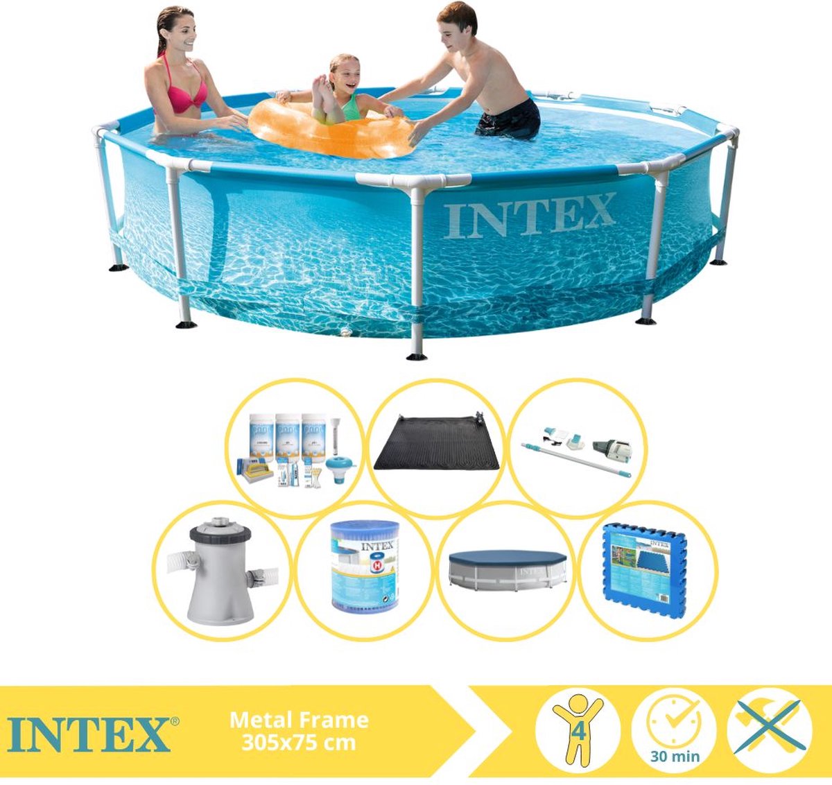 Intex Metal Frame Zwembad - Opzetzwembad - 305x76 cm - Inclusief Afdekzeil, Onderhoudspakket, Zwembadpomp, Filter, Stofzuiger, Solar Mat en Zwembadtegels