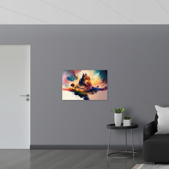 PVC Schuimplaat- Aquerelverf Tekening van Kasteel op Berg - 90x60 cm Foto op PVC Schuimplaat