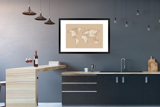 Affiche avec cadre Carte du Wereldkaart - Lettres - Wit - 90x60 cm