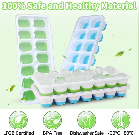 4 Bacs à Glaçons Silicone Avec Couvercles - 56 Cases - Sans BPA - Congélation Facile - Pour Cocktails & Glaces