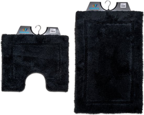 Wicotex - Badmat set met Toiletmat - WC mat met uitsparing Zwart uni - Antislip onderkant