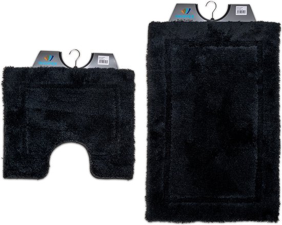 Wicotex- Set Badmat avec Tapis WC-Tapis WC-Avec évidement uni noir-Fond anti-dérapant